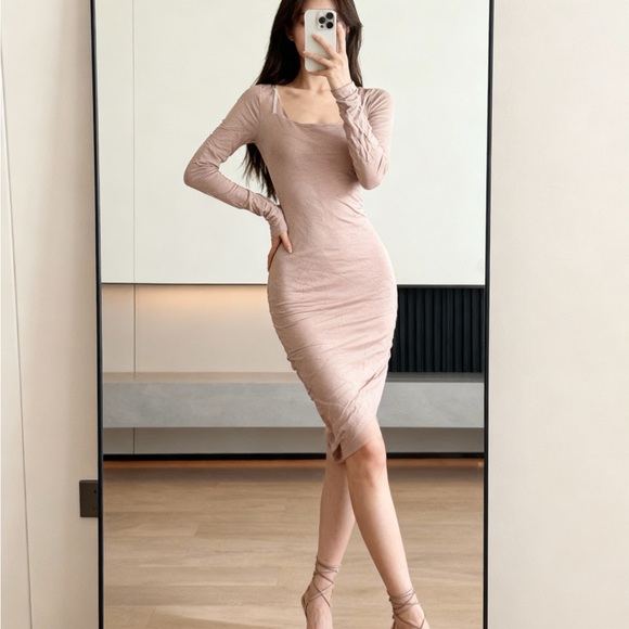 naked wardrobe Dresses & Skirts - Naked Wardrobe Taupe Long Sleeve Midi Dress – Sleek Sculpted Classic